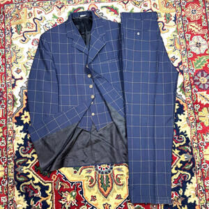 Vintage Falcone Blue Plaid Suit 42L Blazer 34x30 Pants & Vest 3 Piece USA Made